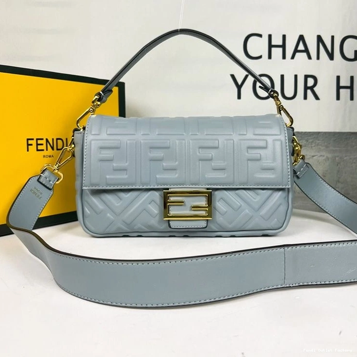 HOT In Nappa Blue Leather FF Motif Baguette Bag Fendi Sky Medium 0730